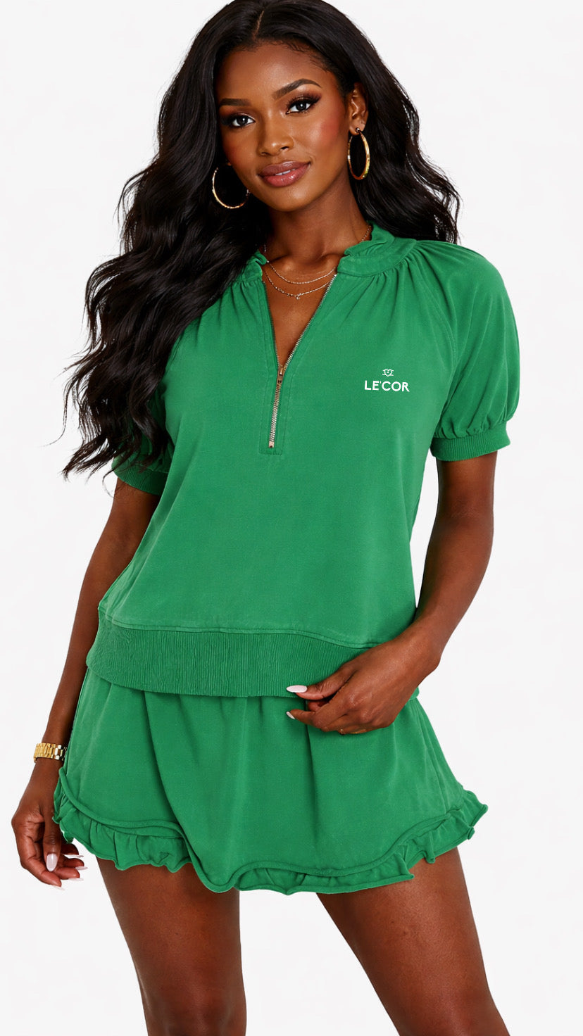 Half Zip Puff Sleeve Top and Ruffled Shorts Set        $65