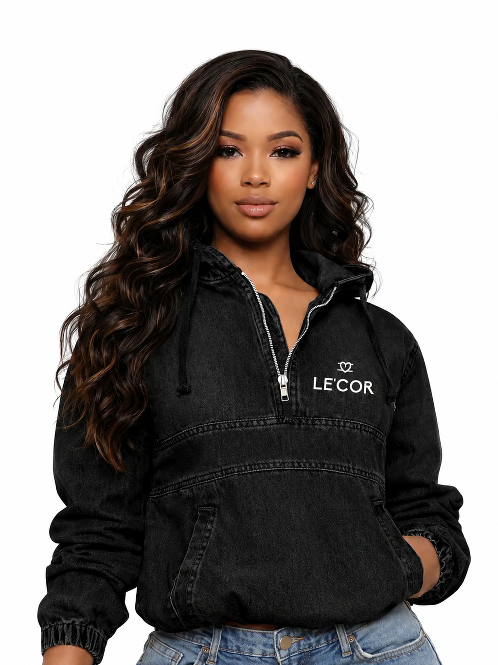 Denim Zip Hoodie Pullover Jacket    $75