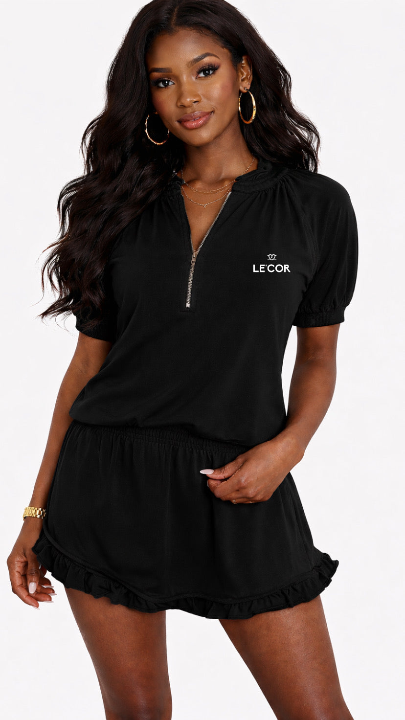 Half Zip Puff Sleeve Top and Ruffled Shorts Set        $65