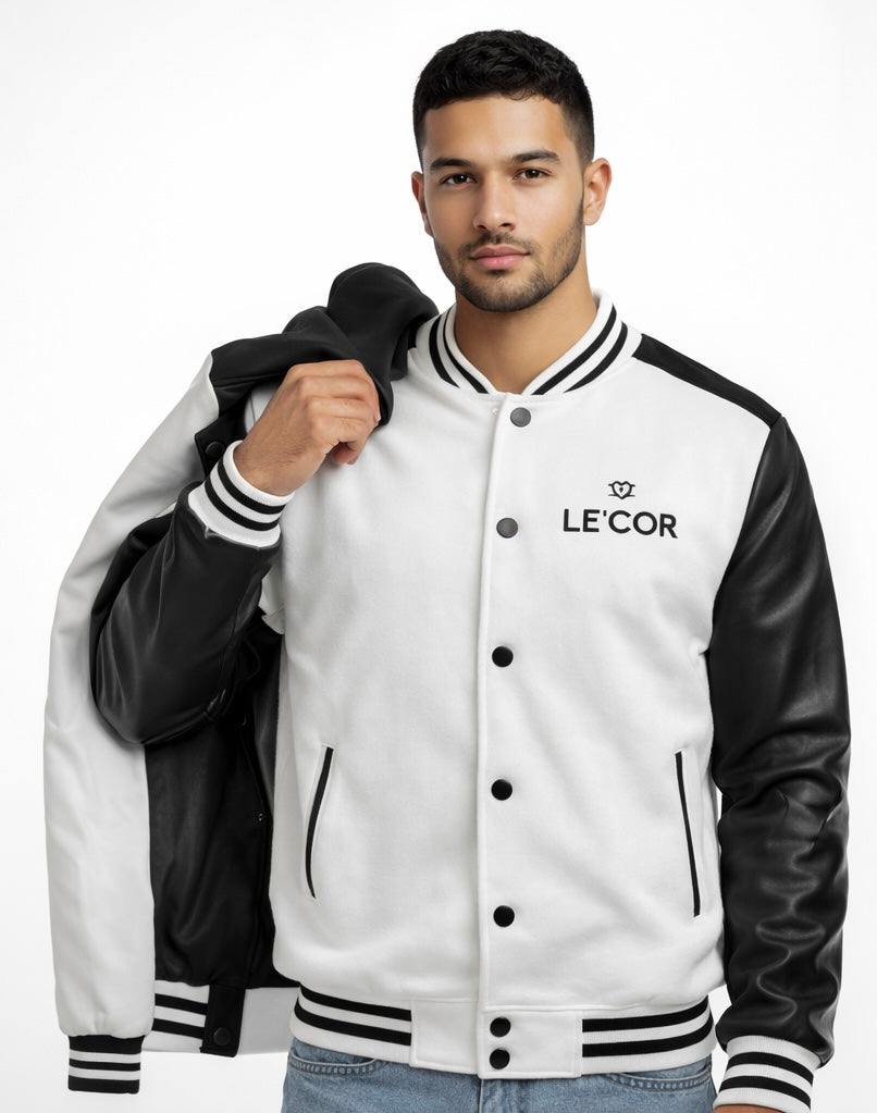 Varsity Leather Bomber Jacket        $75