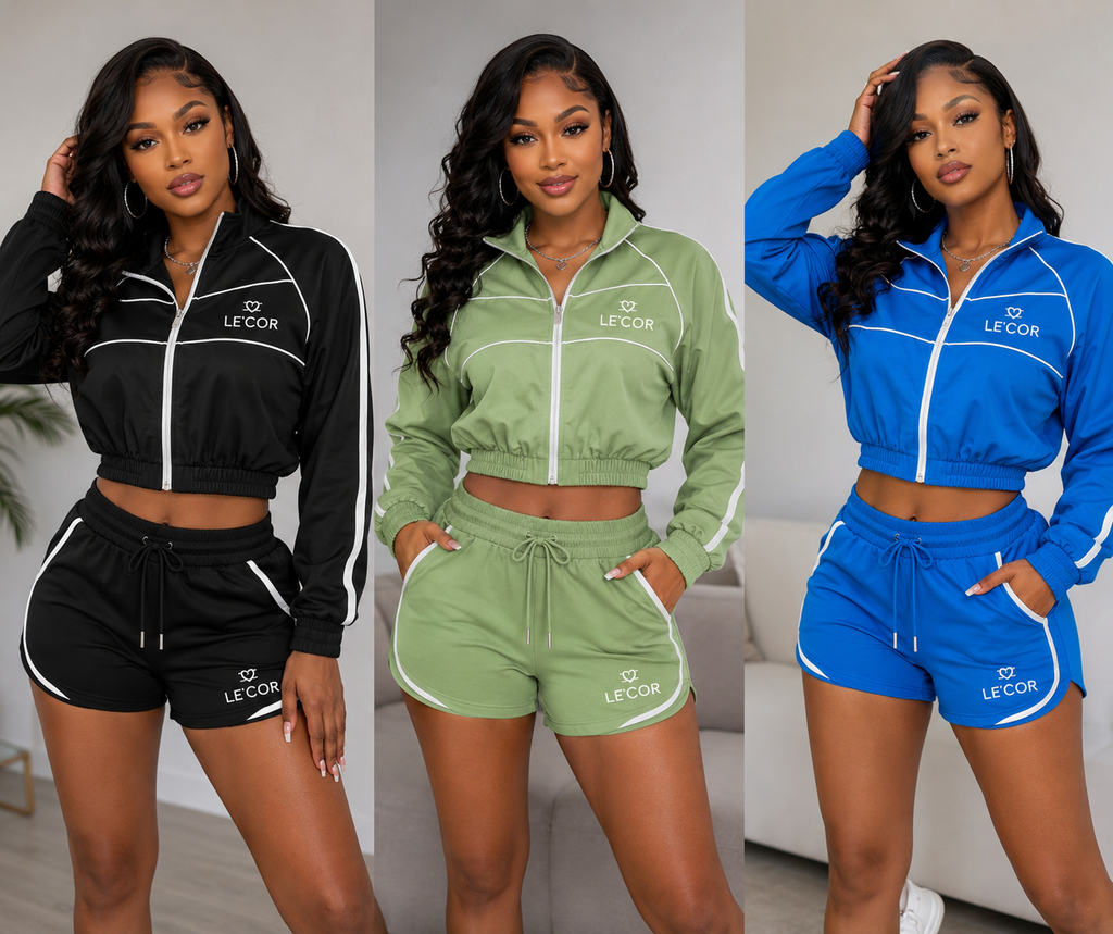 Cropped long sleeve zip jacket with matching shorts - Women Tracksuits 2 Piece Set        $90