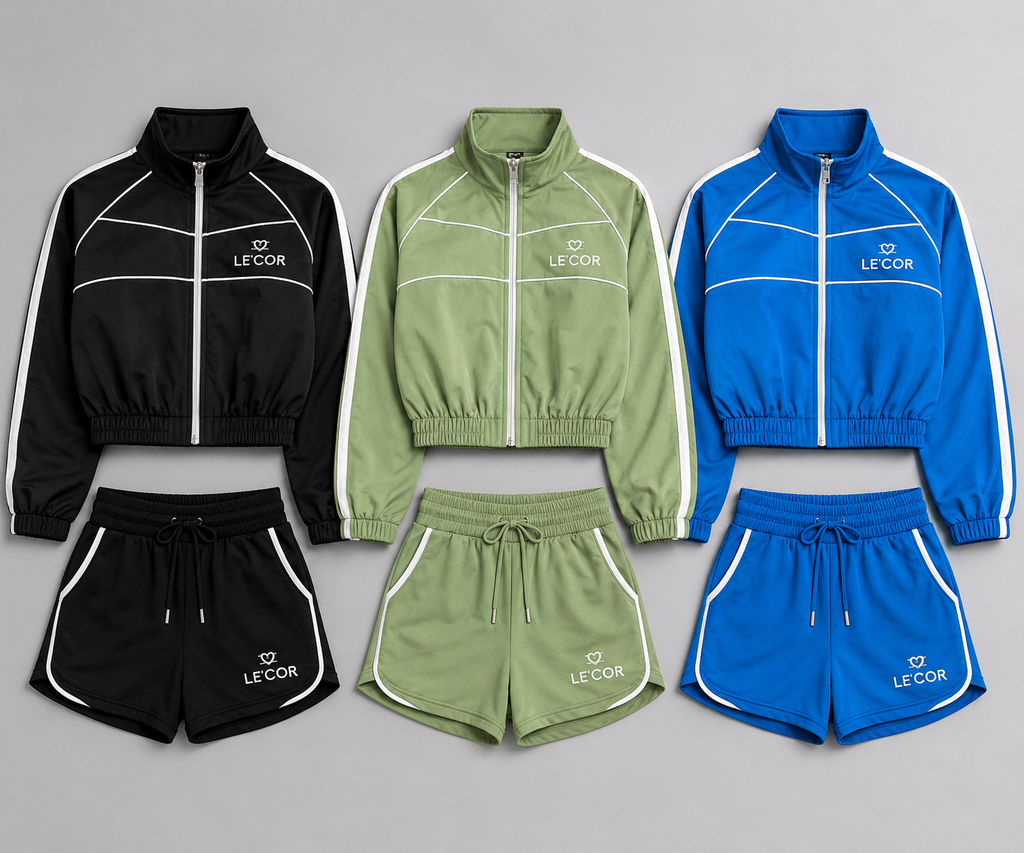 Cropped long sleeve zip jacket with matching shorts - Women Tracksuits 2 Piece Set        $90