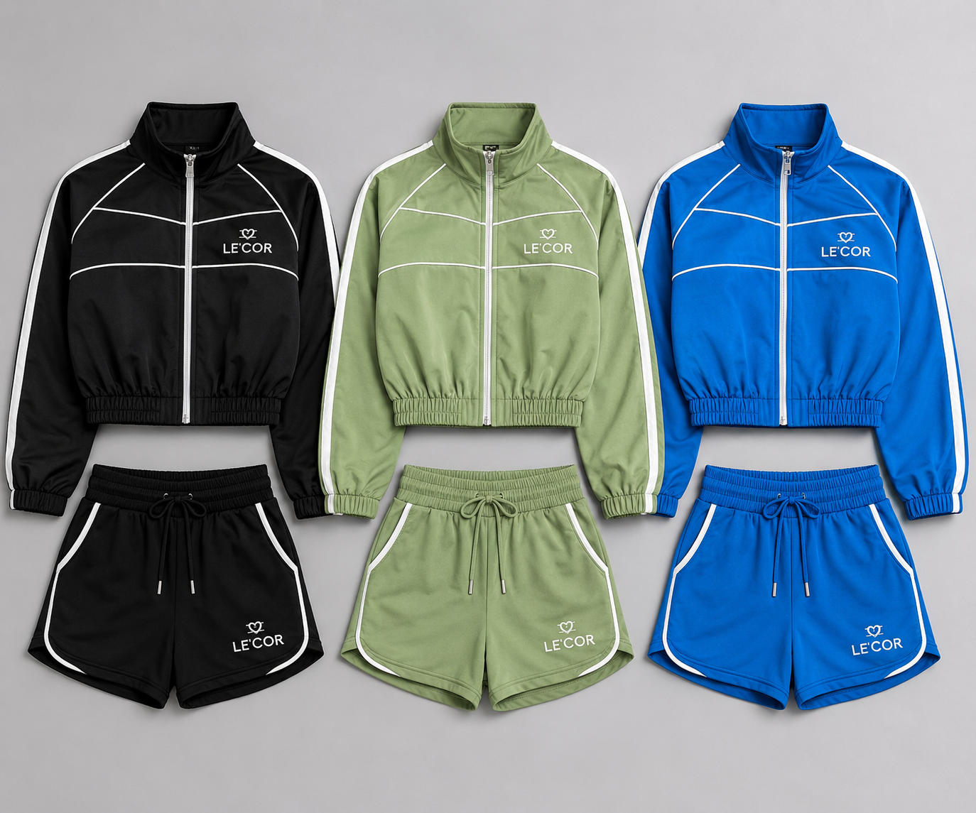 Cropped long sleeve zip jacket with matching shorts - Women Tracksuits 2 Piece Set        $90