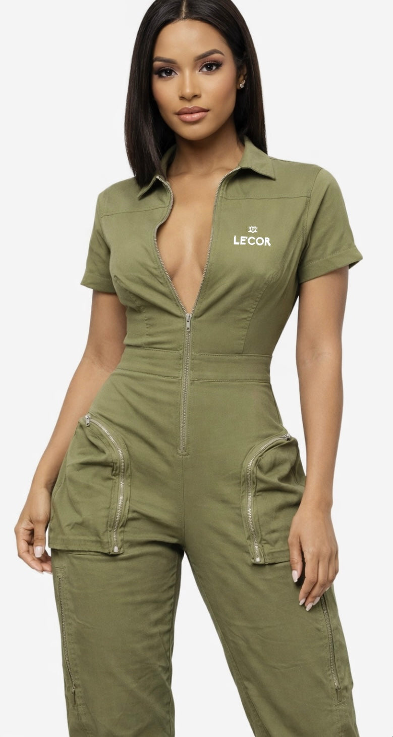 Cargo Jumpsuit Short Sleeves V Neck Zipper with Pockets           $65